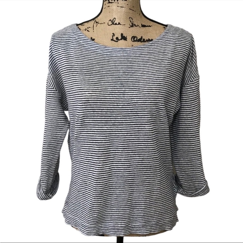 Adrienne Vittadini 100% Linen Striped Roll Tab Top Blue White Women’s M - Picture 3 of 7